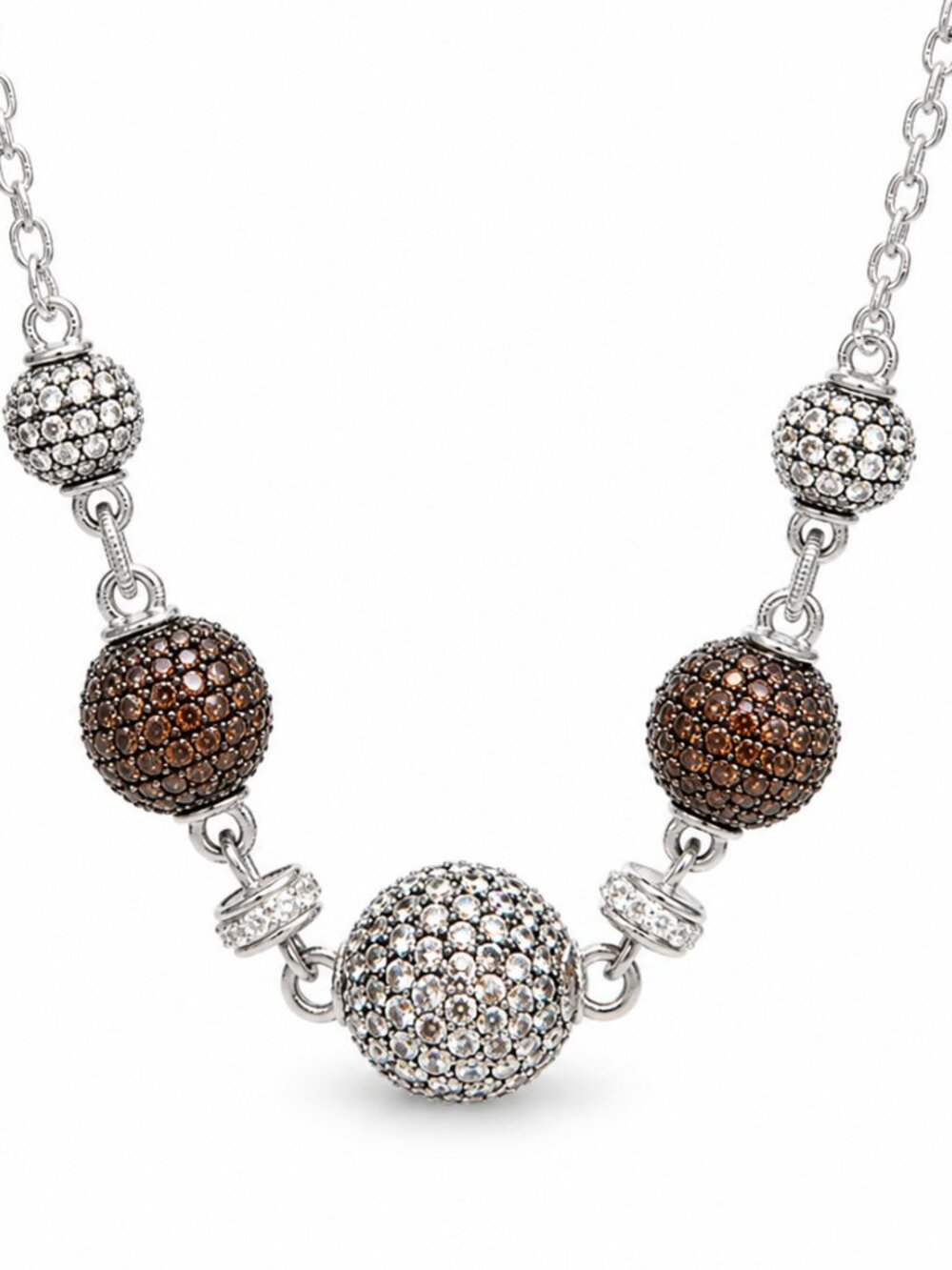 Judith Ripka Sterling Silver White & Brown Pave CZ Stones Ball Chain Necklace - Picture 4 of 7